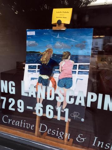 Painting of two girls in a boat facing the sea