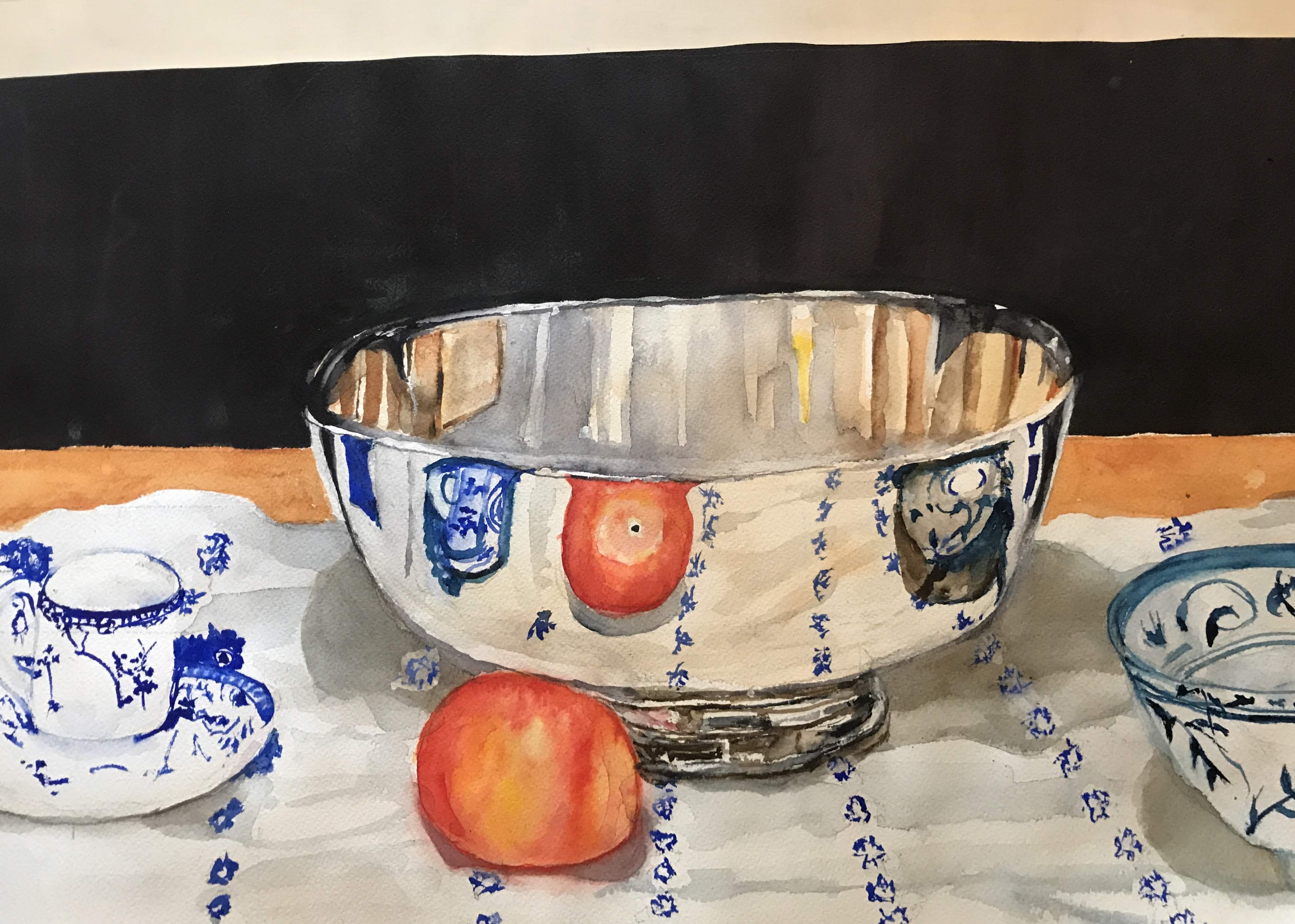 Oil painting of a silver bowl